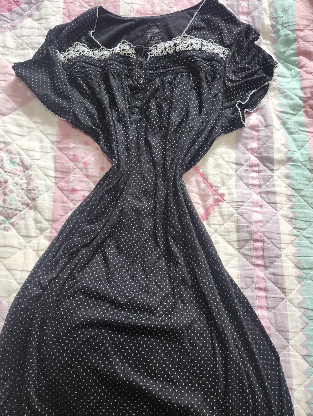 Vintage Baby doll Black Polka Dot Lace-Trim Women’s Night Dress